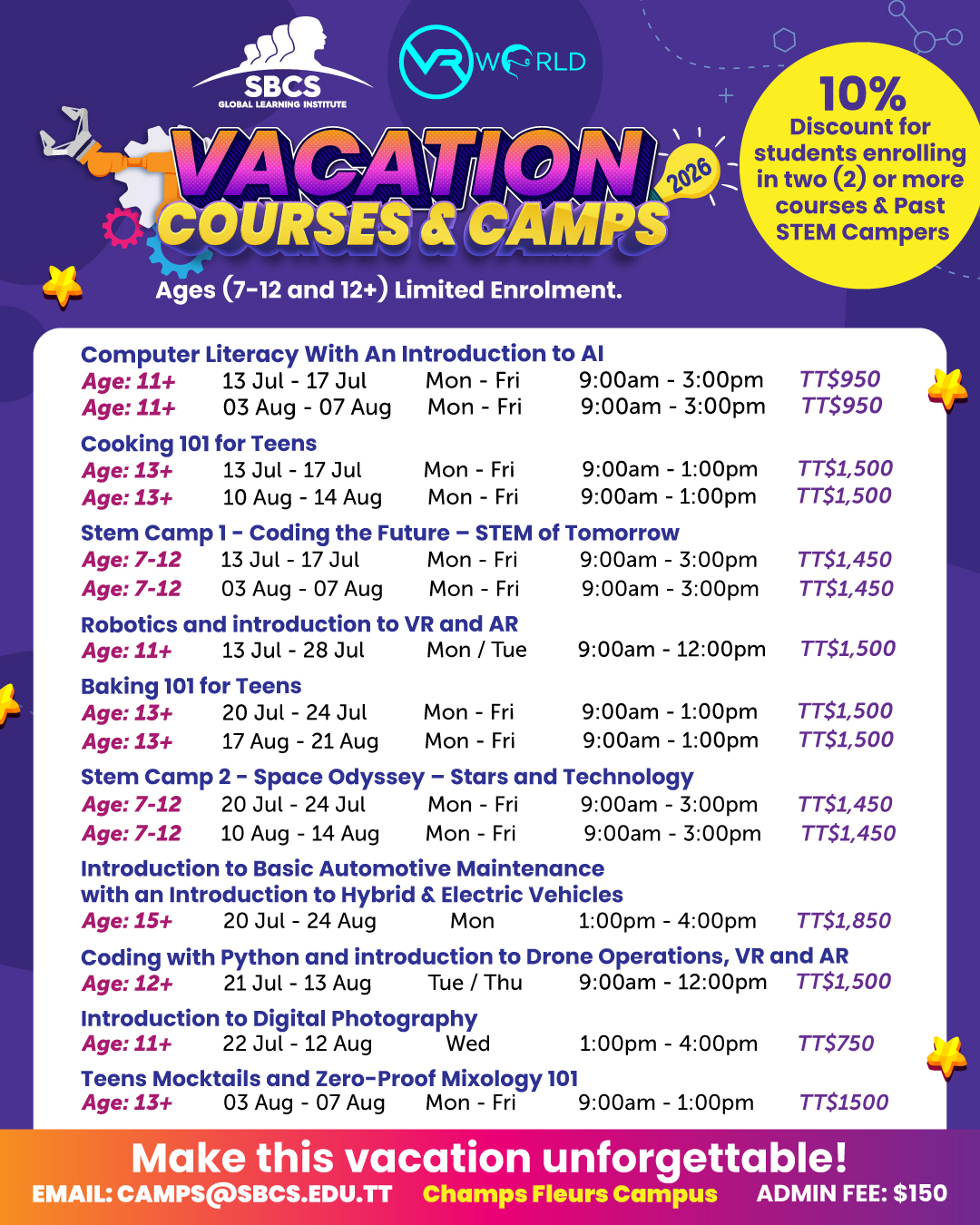 SBCS GLI Vacation Courses & Camps banner